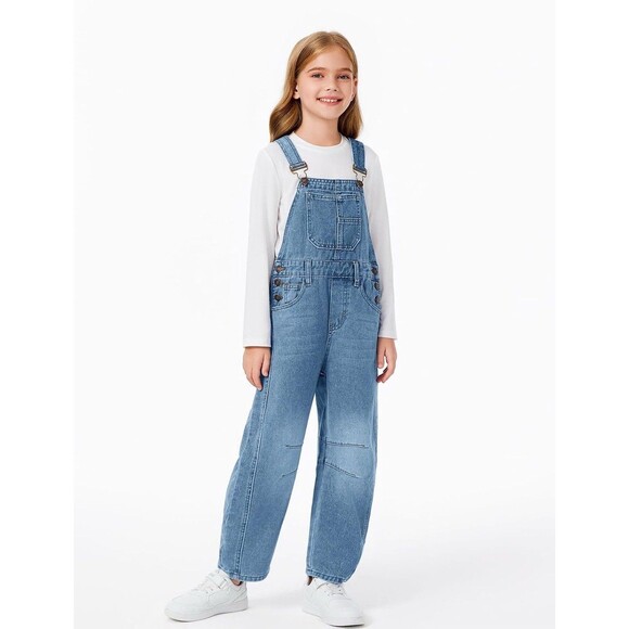 Girls Denim Overalls Sleeveless Barrel Leg Jumpsuit Overall with Pockets 9-10 YO - Picture 1 of 10